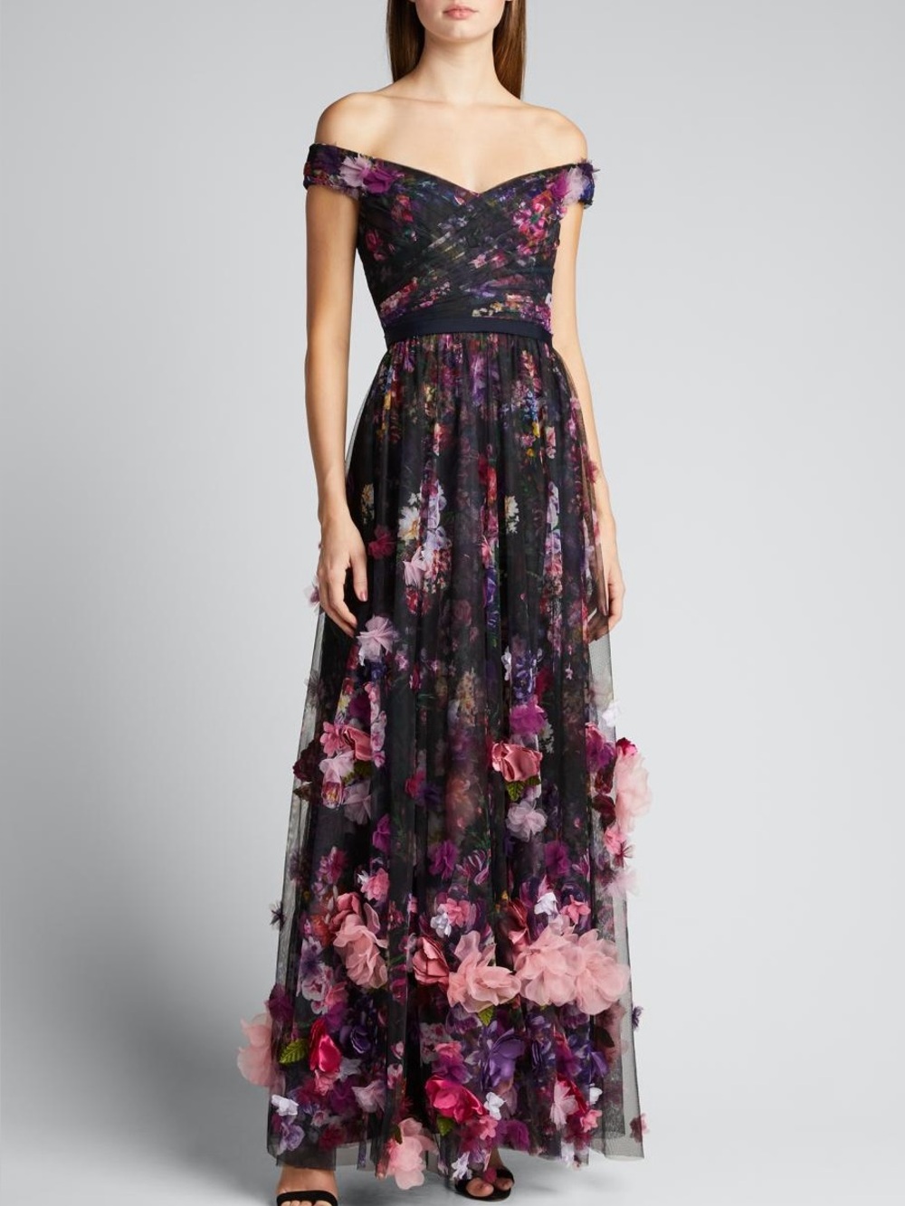 Marchesa Notte Off-the-Shoulder Printed Tulle Gown with 3D Flowers